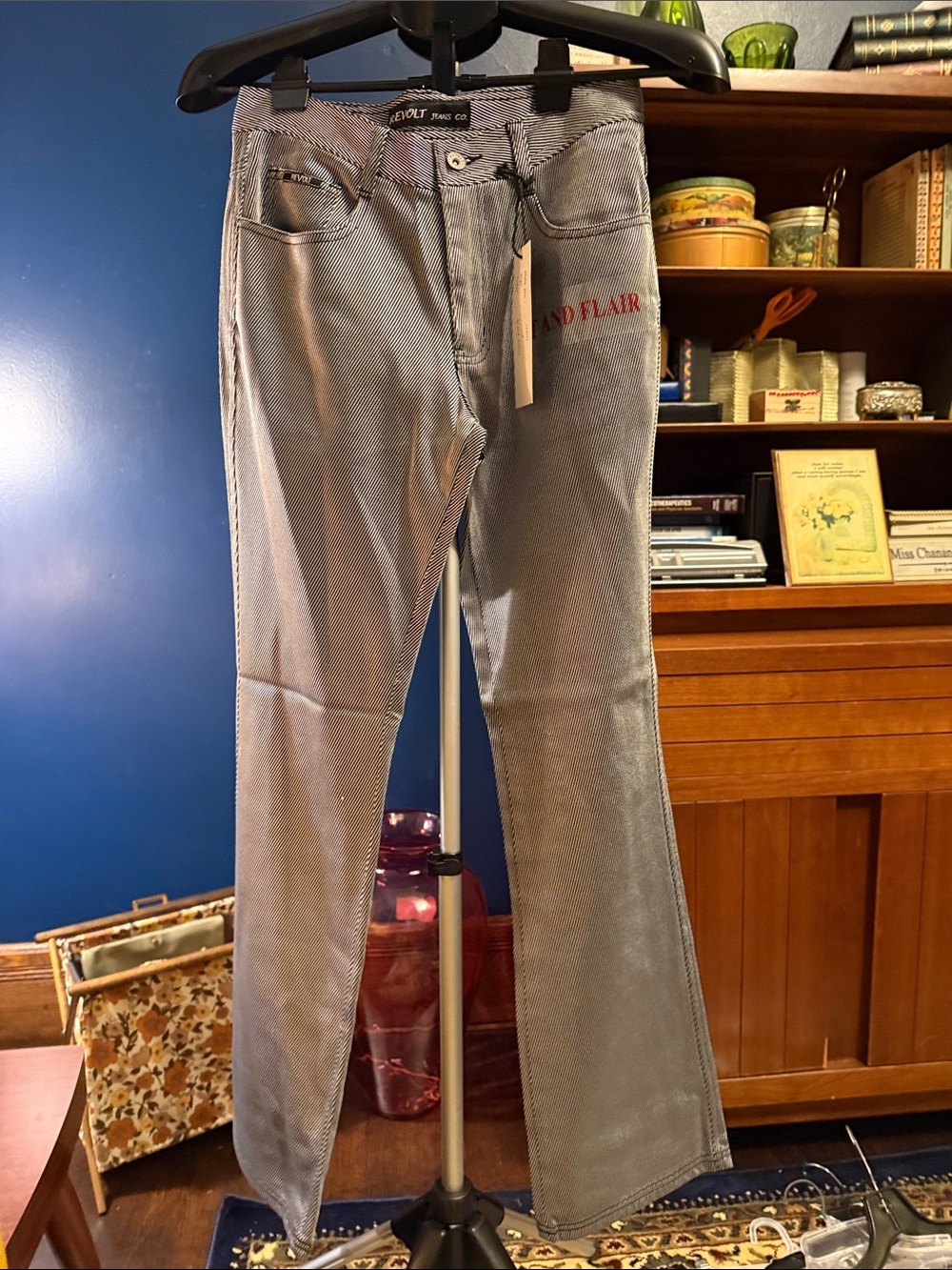 Revolt Jeans Light Black Metallic Pin stripe Flare Jeans